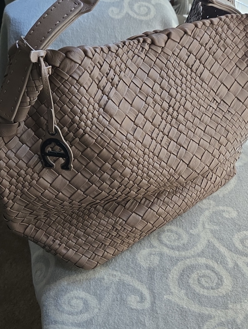 Etienne Aigner Taupe Woven Leather Shoulder Bag with Signature Charm
